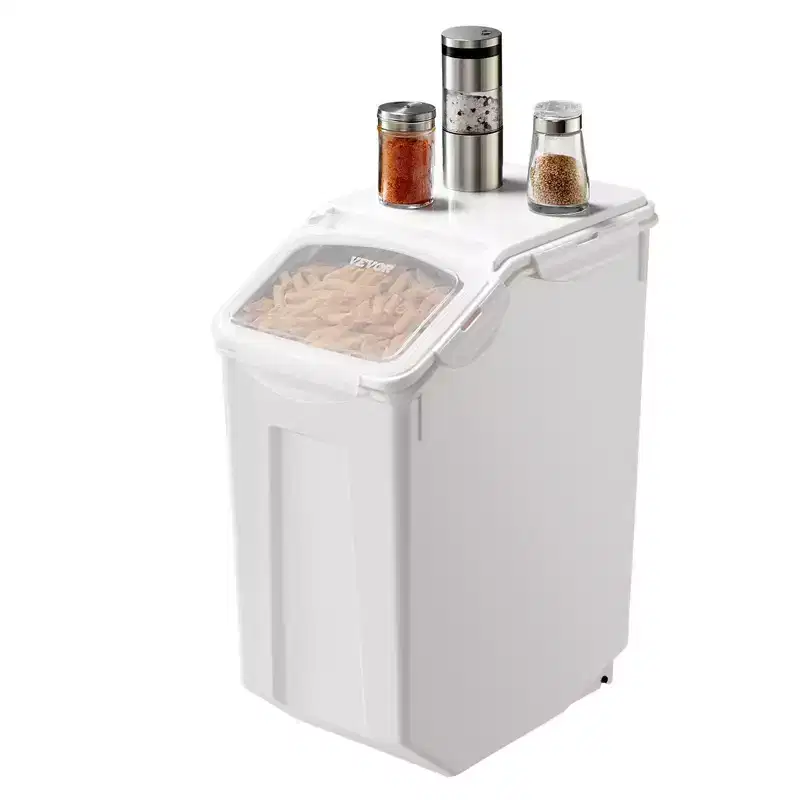 4.5Gal/20L Airtight Food Storage Container with Wheels & Measuring Cup for Rice, Pet Food, Grain, Flour, White