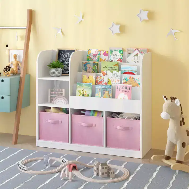 Book Storage Organizer for Kids 3 Collapsible Drawers, Wooden Bookcase Shelf with Compartments, Home, Playroom, Hallway, Kindergarten