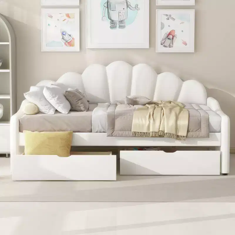 Full Size Daybed with Storage, Velvet Upholstered Sofa Bed with 2 Drawers, Modern Day Bed Frame with Shell Shaped Backrest