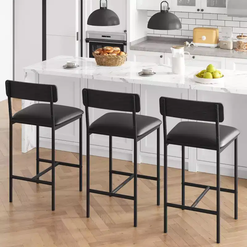 Bar Stools Set of 2, Kitchen Bar Stools with Footrest, 25.5 Inches Upholstered Bar Chairs with Back, 2 Counter Height Barstools for Counter Bar