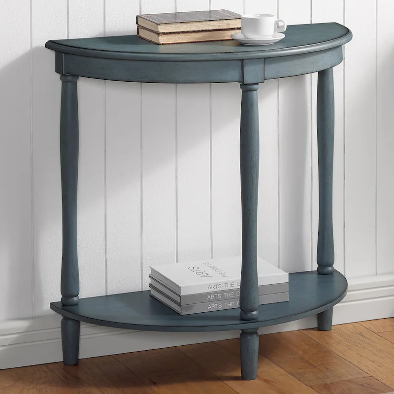 Antique Light Green French Country Half-Moon Console Table with Lower Shelf, 1-Person Assembly