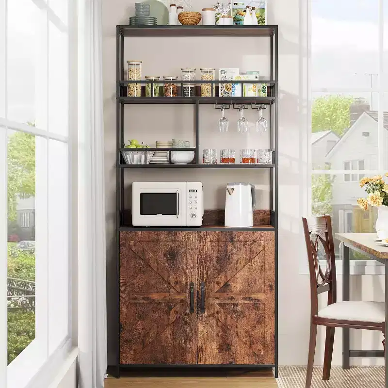 Tall Bar Cabinet 70.8 in Bakers Rack with Cabinet, Microwave Stand with Goblet Holder 5 Tier Large Baker Rack with Storage