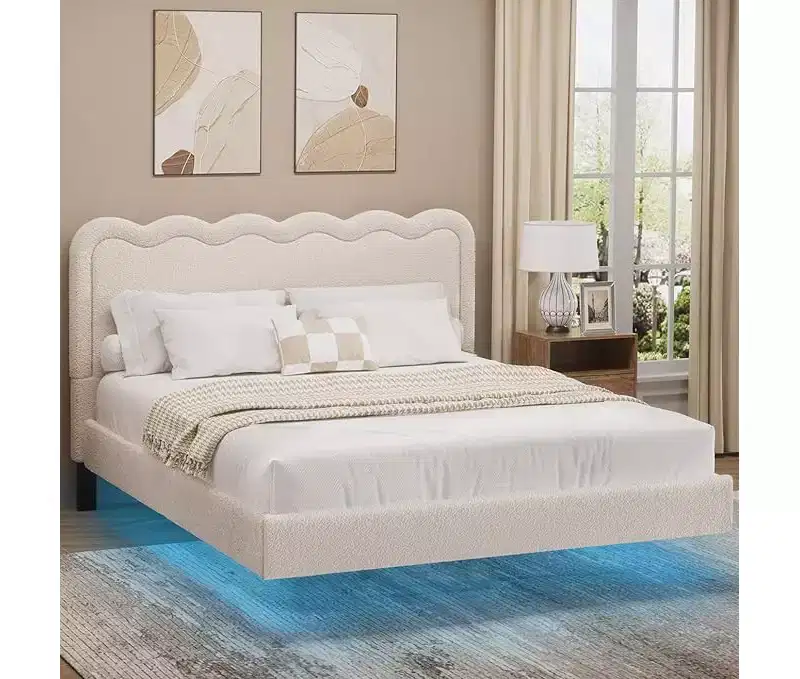 Dyonery Queen Size Boucle Bed Frame with LED Lights, Floating Bed Frame with Waved Headboard & Sturdy Metal Frame, Noise-Free?beige