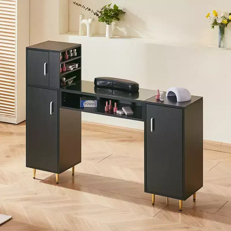 VEVOR Manicure Table, Glass Top Nail Desk, Makeup Dressing Nail Station with Storage Cabinets, Acetone-Resistant Nail Tech Table