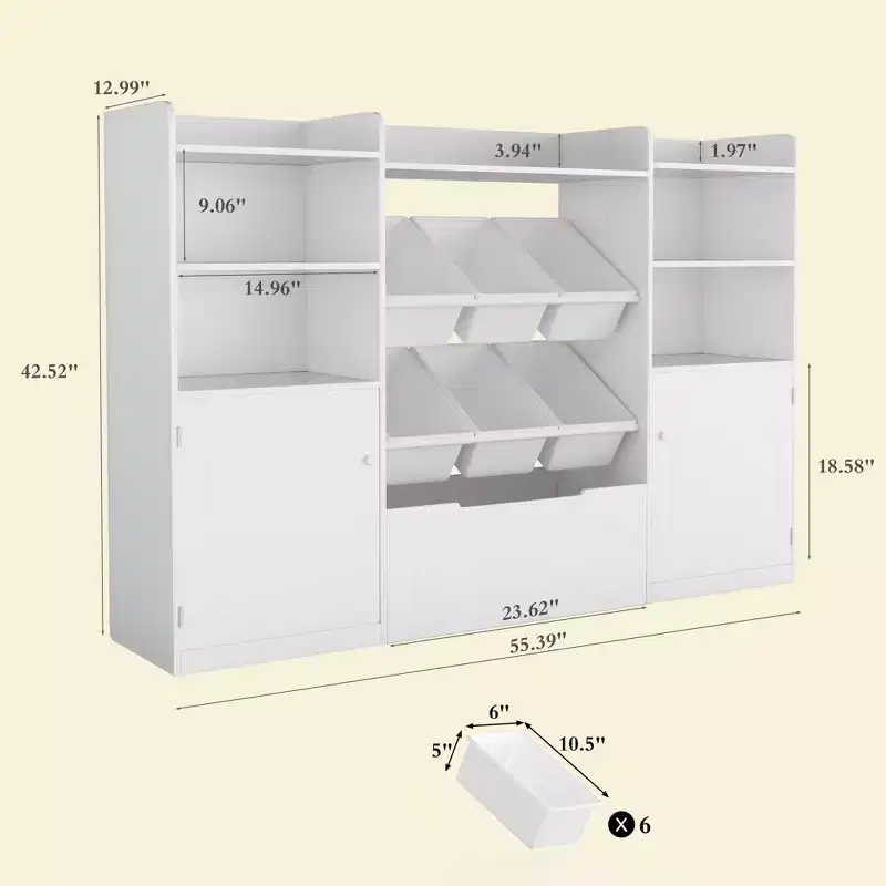 White Kids Storage Cabinet with Doors, Wooden Toy Storage Organizer for Playroom, Toddler Bookshelf and Toy Storage Cubbies