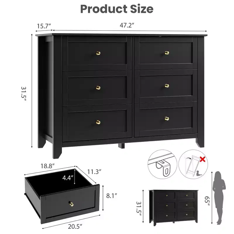 6-Drawer Dresser - 50 Wide Wooden Storage Chest with Metal Knobs for Bedroom, Entryway & Hallway