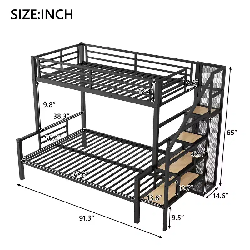 Twin over Full Size Metal Bunk Bed with Storage Staircase, Heavy-Duty Steel Bed Frame with Open Wardrobe for Kids Teens Adults, Black