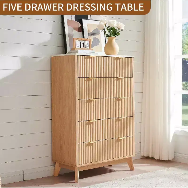 Fluted 5 Drawers Dresser for Bedroom, Modern Chest of Drawers with Metal Handle, Wood Drawer Organizer for Bedroom, Living Room, Hallway