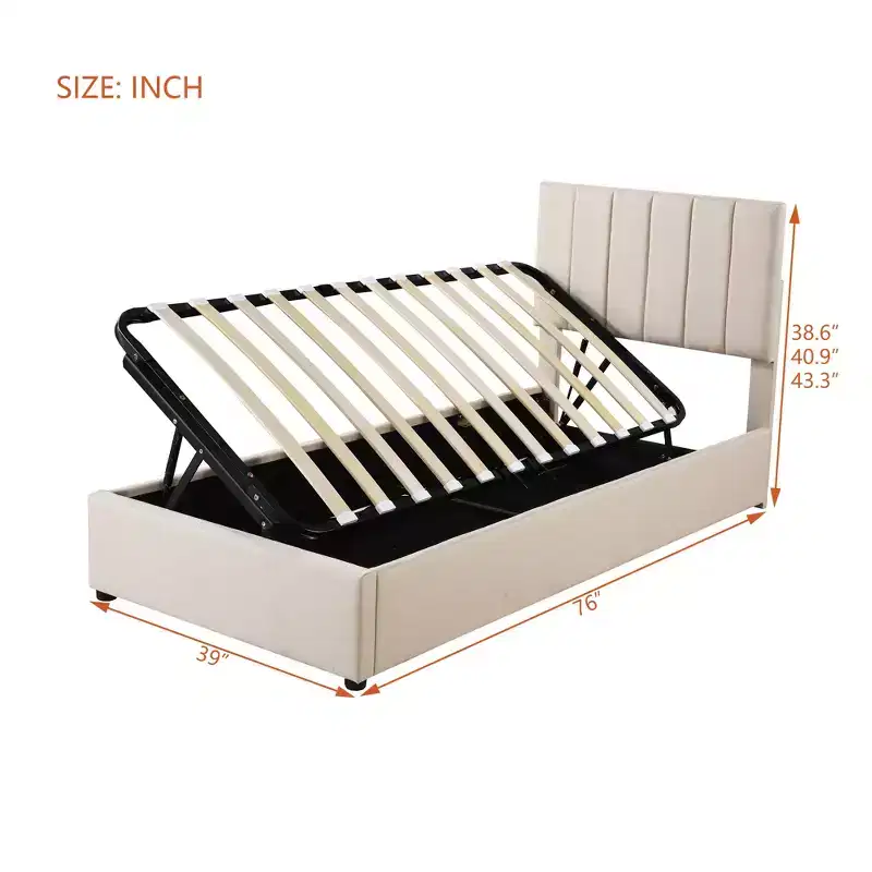 Bellemave Twin Size Lift Up Storage Bed,Upholstered Platform Bed with Hydraulic Storage System,Vertical Stripe Headboard,Beige
