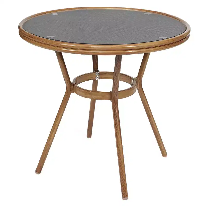 Merrick Lane Mael Bistro Style Table with Tempered Glass Top, Textilene, and Bamboo Finished Metal Frame for Indoor/Outdoor Use