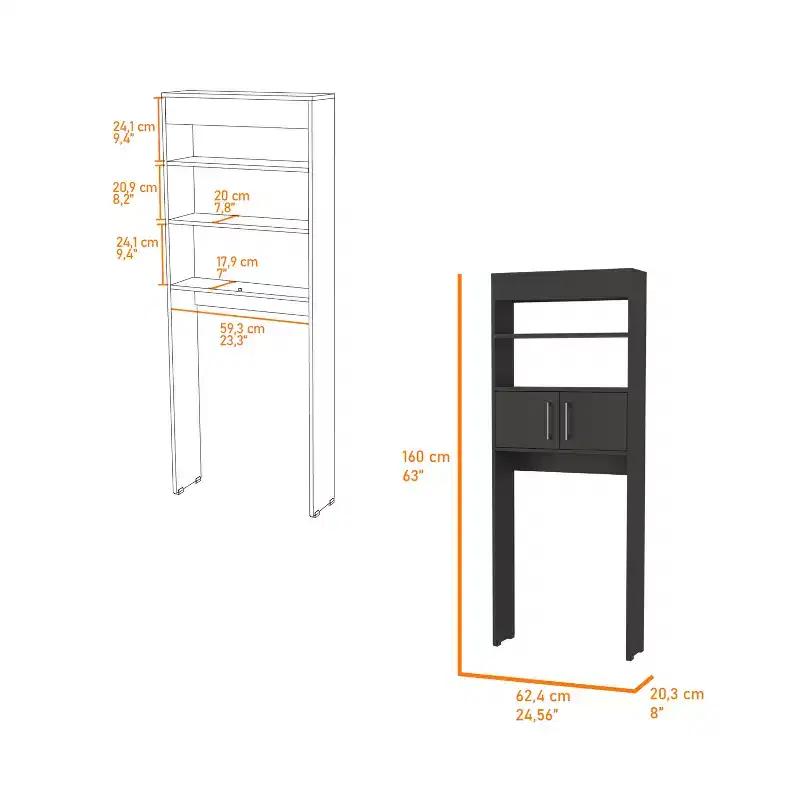 Modern Freestanding Over The Toilet Cabinet with Double Door & Shelves for Bathroom Storage, Easy To Assemble, Black 24,56''W X 8''D x 63''H