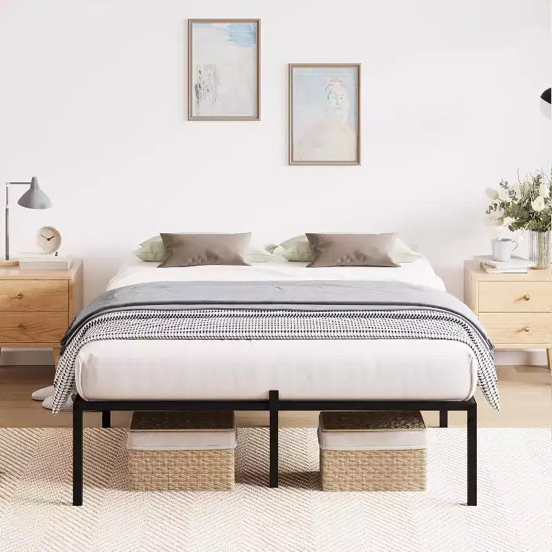 Full Size Metal Bed Frame with Storage, Heavy Duty Steel Slats Support, 1000 lbs Capacity, No Box Spring Needed, Black 16 Inch