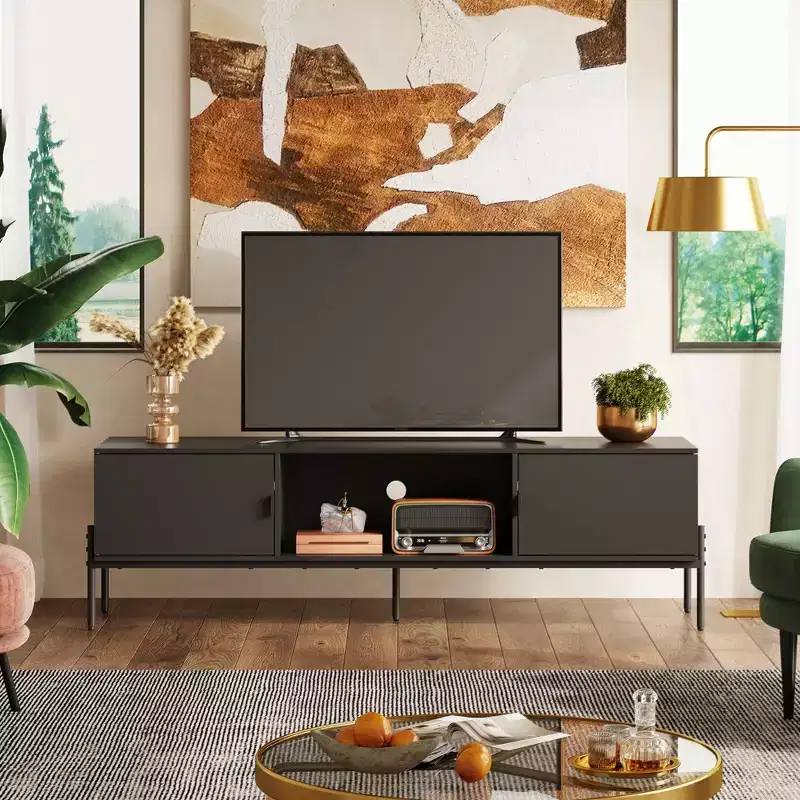 TV Stand Modern Entertainment Center with Open Shelf and 2 Cabinets for Bedroom and Living Room