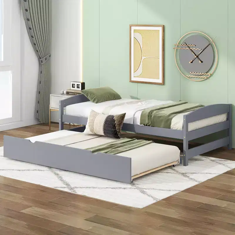 Twin Platform Bed with Headboard, End Board & Trundle – Pine Wood Frame, No Box Spring Needed