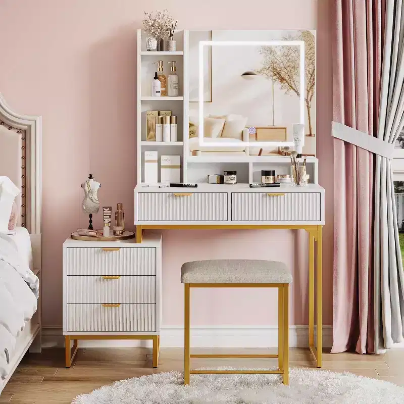 Acekool Vanity Desk with Mirror and Lights, 5 Drawers, Removable Side Storage Cabinet, Stool, 3-Color LED, Makeup Table, White & Gold