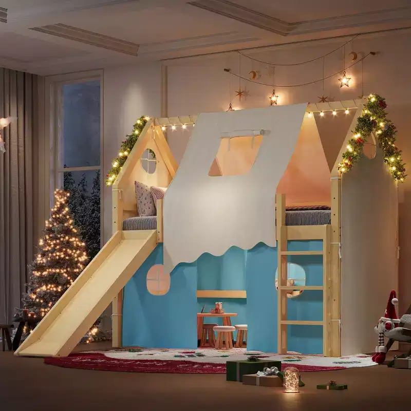 Twin/Full Size House Loft Bed with Built-in Slide & Lights, Kids Loft Bed Frame with Tent & Safety Guardrails - ModernLuxe