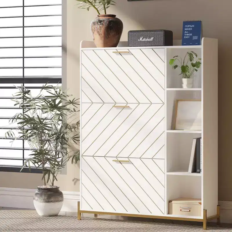 Freestanding Shoe Cabinet with 4 Flip Drawers & 2 Open Shelves, 8-Tier Narrow Hidden Shoe Rack for Heels, Wooden Shoes Rack for Entryway, Hallway