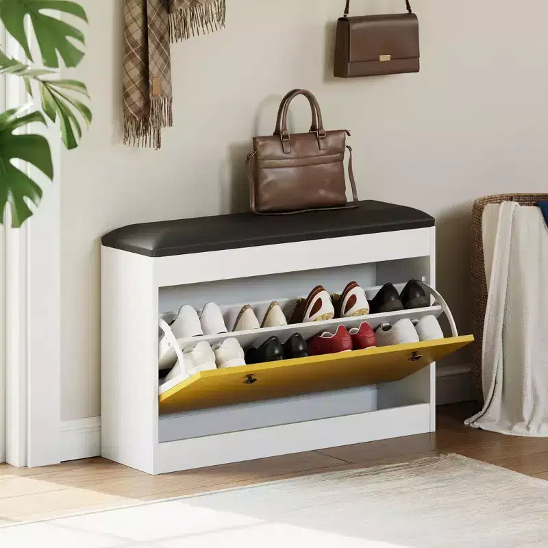 Shoe Storage Bench, 31.5'' Shoe Organizer Bench with Flip Drawer & PU Cushion, Modern Entryway Shoe Cabinet