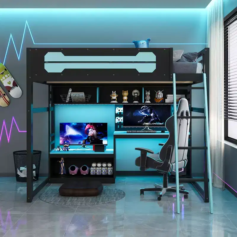 Full Size Gaming Loft Bed with Desk and Storage Shelves, Full Wood Low Loft Bed Frame with LED Lights, USB Ports and Pegboard