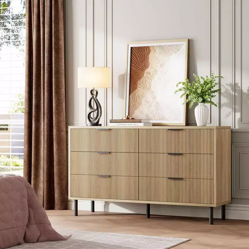 Fluted 6 Drawer Dresser, Wide Wood Double Dresser with Metal Legs and Handles, Modern Chest of Drawers with Anti-Tipping Design