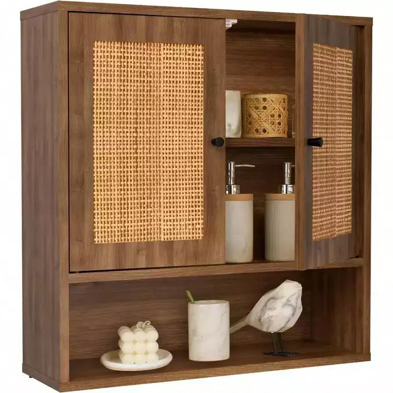 Wall-Mounted Rattan Cabinet with Double Doors and 3 Shelves