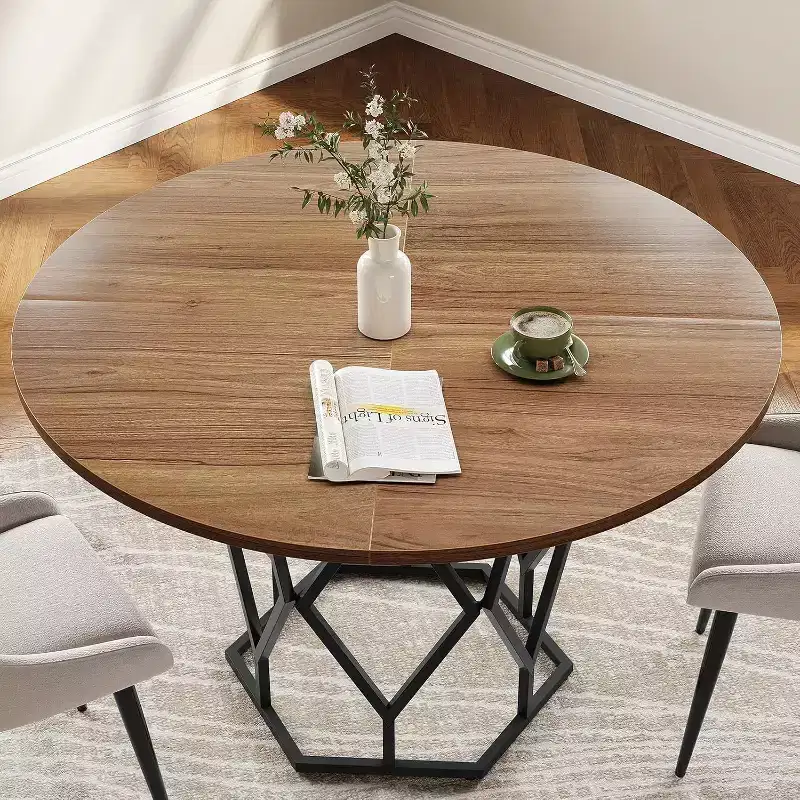 47 Round Farmhouse Dining Table for 4-6, Industrial Wood Kitchen Table with Sturdy Base for Dining Room