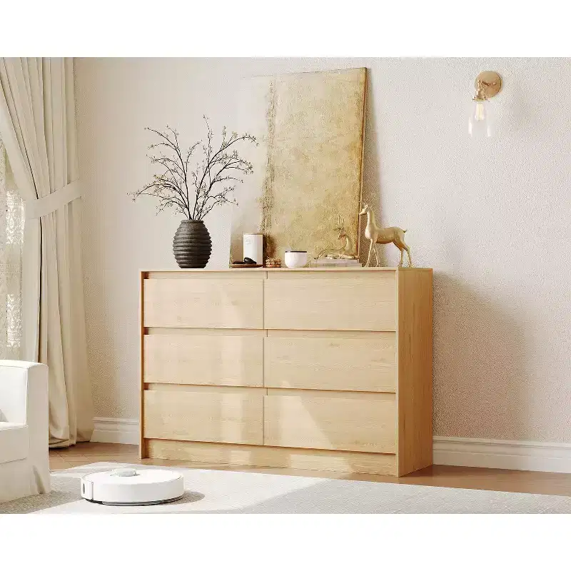 Farmhouse 6 Drawer Dresser, 47 Inch Wide Chest of Drawers with Handle-Less Design, Natural Oak Wooden Storage Cabinet for Bedroom & Living Room