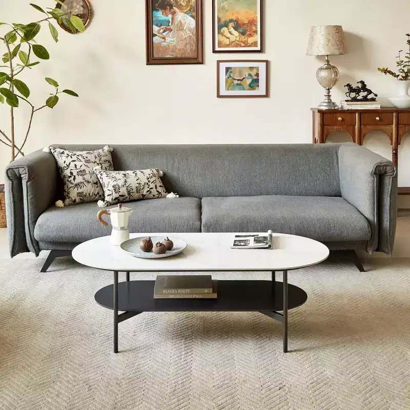 JVNOXK White Ceramic Top Coffee Table with Coffee Brown Lower Shelf, 2-Tier MDF & Steel Frame Coffee Table for Living Room