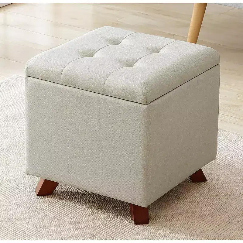Home Linen Tufted Square Storage Ottoman - 15 Inch