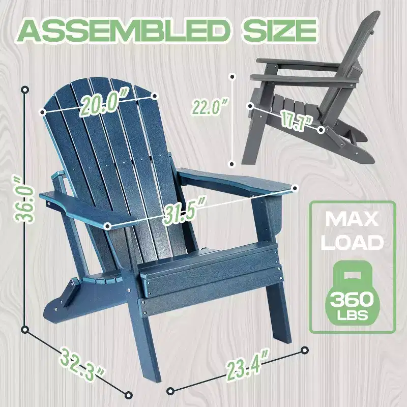 Acekool Folding Adirondack Chair with Deep Seat, Wide Armrests, Waterproof and UV Resistant Plastic, Portable Outdoor Patio and Lawn Seating