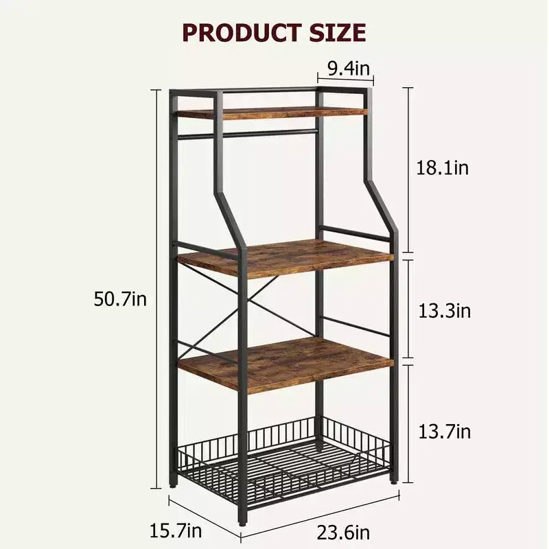 Standing Bakers Rack with Wire Basket and Hooks, Industrial Coffee Bar Station