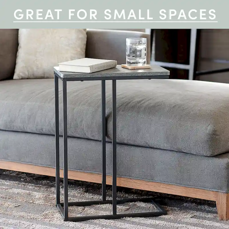 C-Shape Side Table, Faux Stone Top, Black Frame, Space-Saving Design