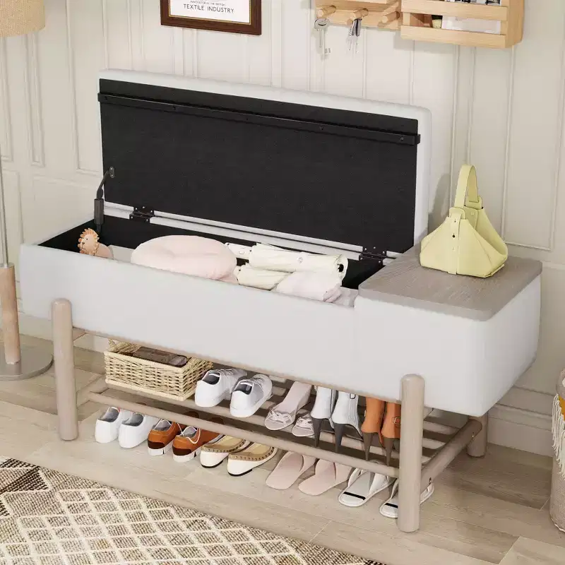 JVNOXK Farmhouse Upholstered Storage Bench with Hidden Compartment, Modern Entryway Bench for Living Room, Hallway, Natural