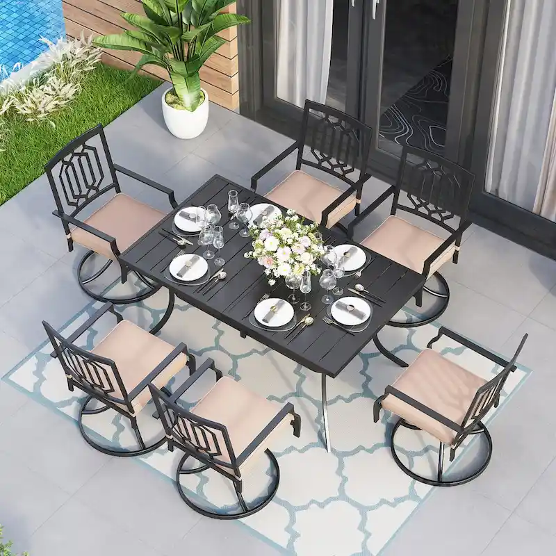MAISON ARTS 7 Pieces Patio Dining Set, 6 x Swivel Dining Chairs with Cushion and 1 Metal Table with 2.6 Umbrella Hole