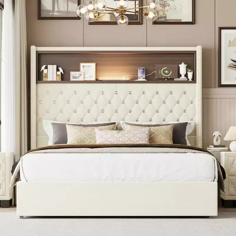 Velvet Bed Frame with Tufted Headboard
