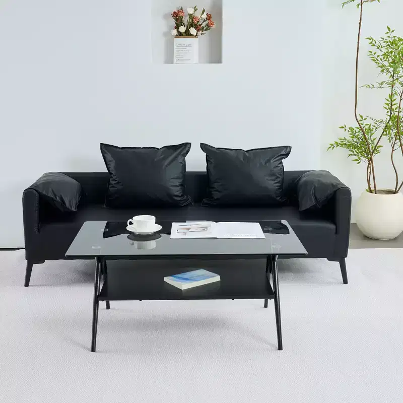 Modern Coffee Table with Tempered Glass Top and Wood Shelf