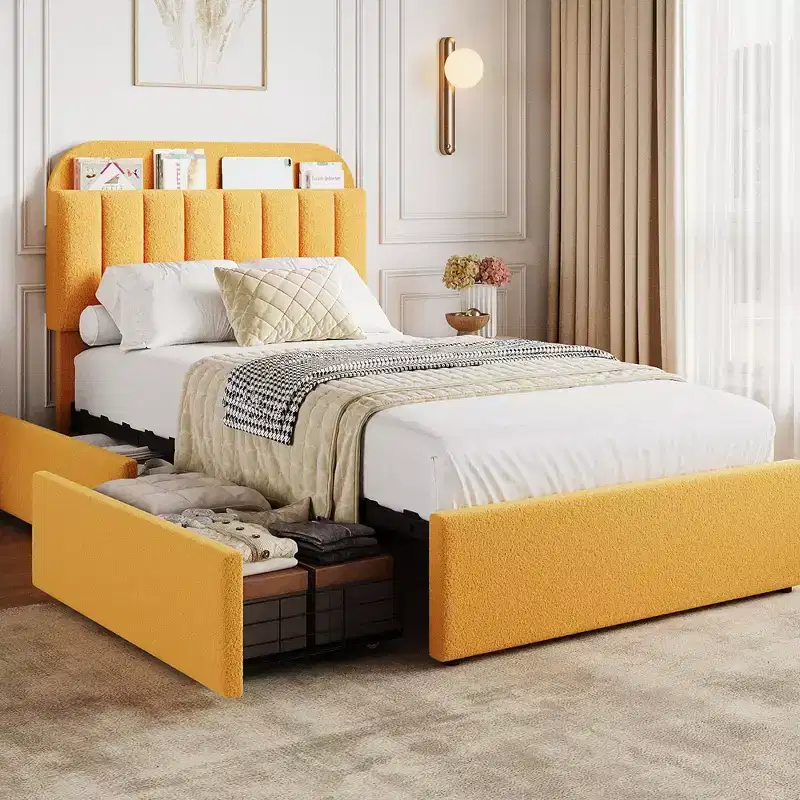 Bed Frame with Storage Headboard, Kids Bed Frame with 2 Drawers, Boucle Upholstered Platform Bed with Bookcase, No Box Spring Needed, Easy Assembly