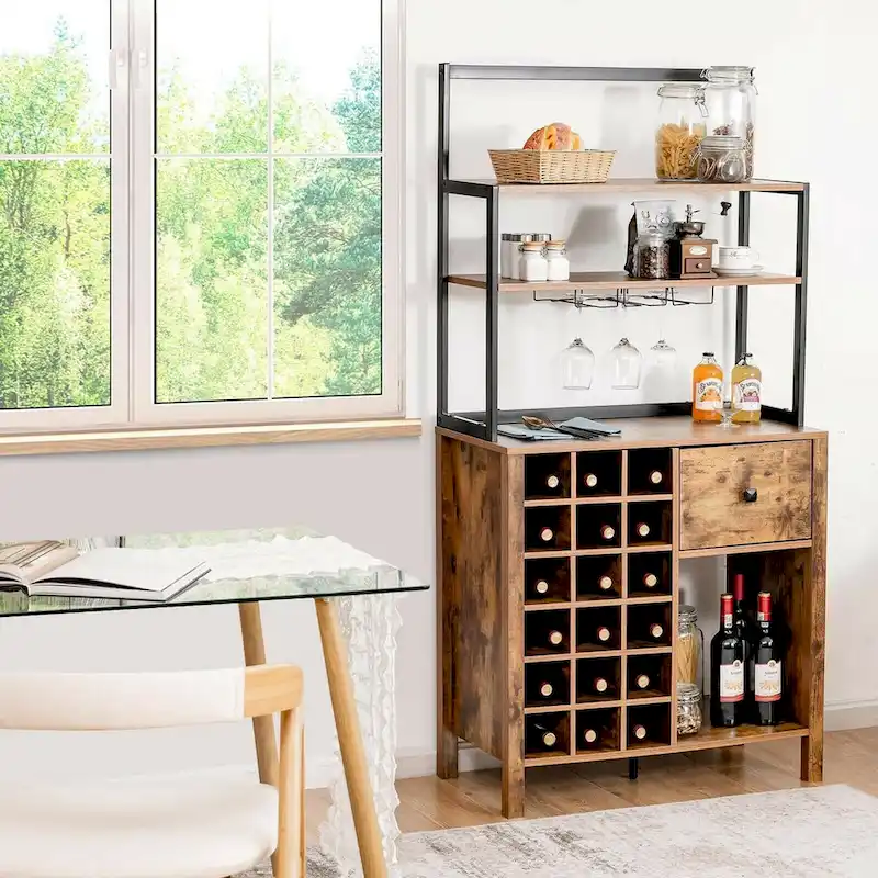 Gymax Kitchen Bakers Rack Freestanding Wine Rack Table w/ Glass Holder