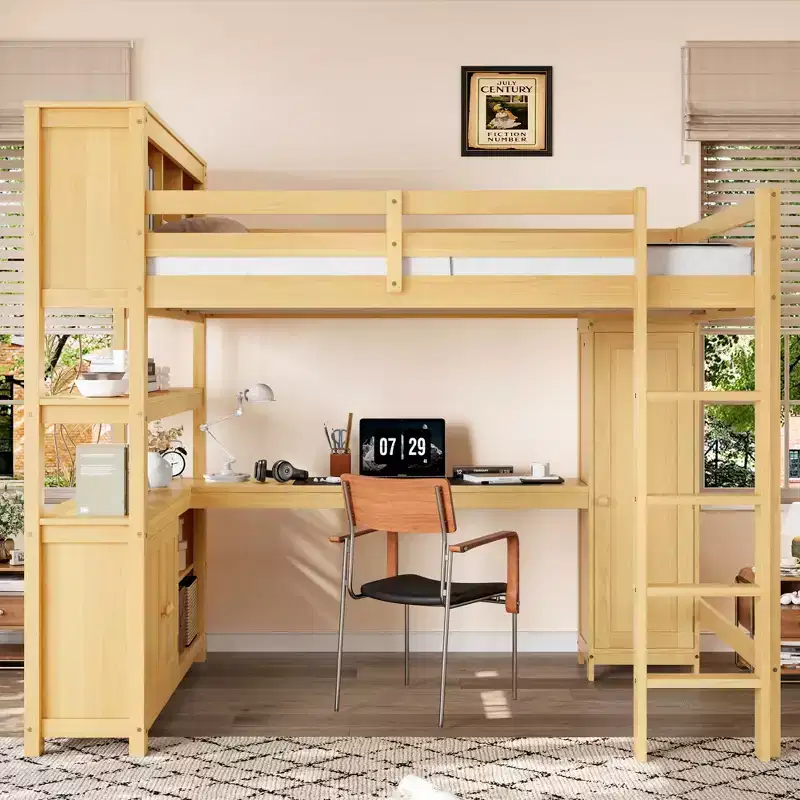 Wood Loft Bed with Cabinet and Bookshelf, Queen Size Loft with Wardrobe and Desk for Kids, Natural