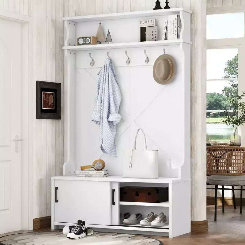 Okak Farmhouse Hall Tree with Top Shelf and Storage Bench, Coat Rack with Sliding Doors and 5 Hooks, Storage Rack for Entryway, Hallway, Off-White