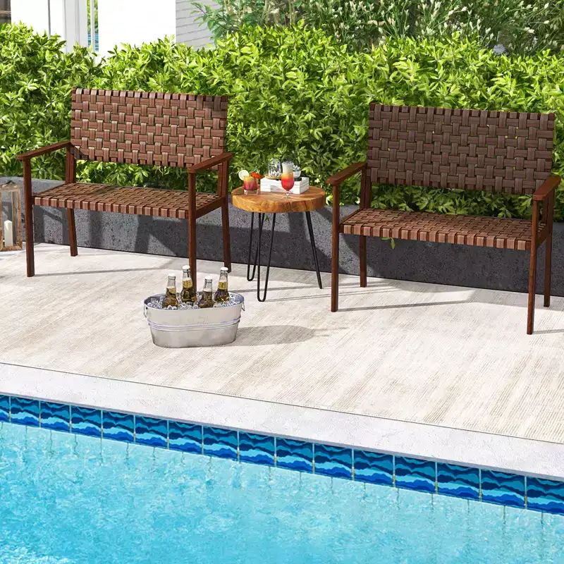 Costway Patio Loveseat All Weather Bench w/Solid Rubber Wood Frame&Hand Woven PU Leather