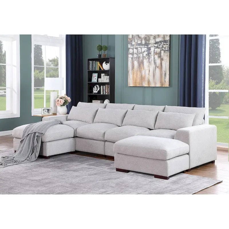 Tatman Linen Blend Sectional with Two Ottomans - 123.24W x 37.8D x 34.25H