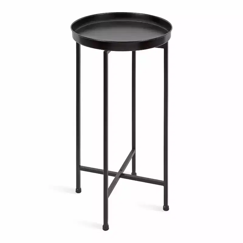 Round Metal Foldable Tray Accent Table – Black & Gold, 14