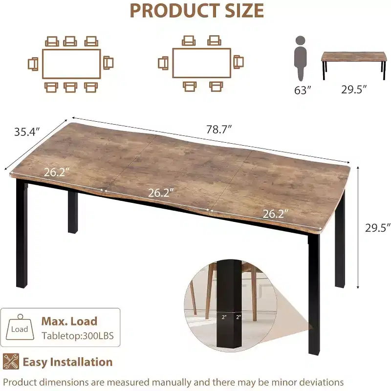Dining Table with Wave Irregular Edge, 15mm Thick MDF Top & Metal Frame, Wooden Kitchen Table for 6-8, Retro Brown