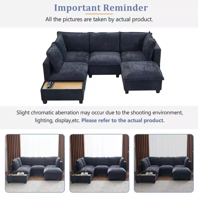 Whisen 90 U-shaped Sectional Sofa Modular Sofa Couch with a Movable Ottoman , a Coffee Table with Hidden Charging Devices