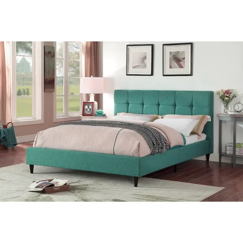Upholstered Square Stitched Platform Bed with Wooden Slats