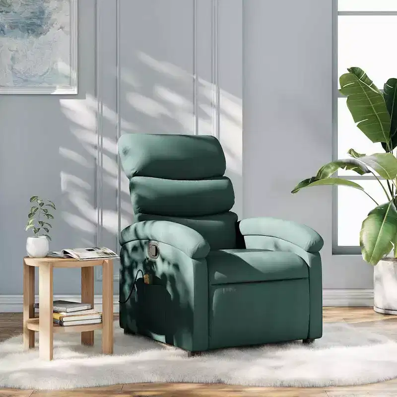 vidaXL Massage Recliner Chair-Manual Adjustable Armchair-Vibration Massage-Dark Green Fabric-Sturdy Frame-Living Room Comfort
