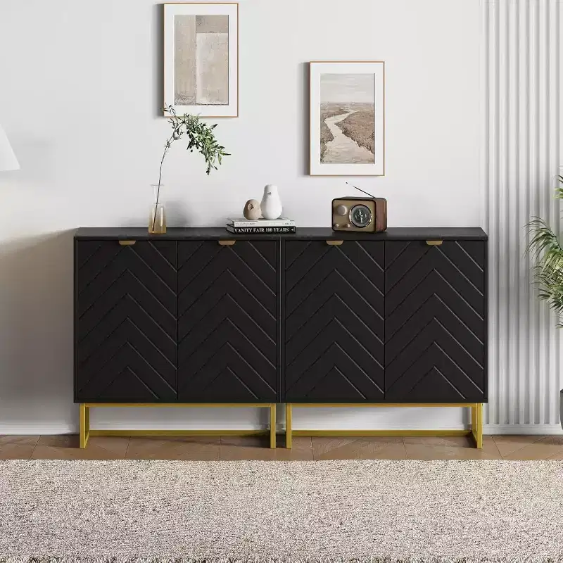 2pcs Modern Sideboard Buffet Cabinet Wood Accent Storage with Herringbone Doors & Shelves Credenza Console Table for Living/Dining Room, Entryway