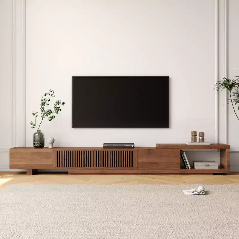 78.54in expandable stand with 2 drawers, 2 cabinet doors, one storage, maximum 120 inches/Walnut color&Modern