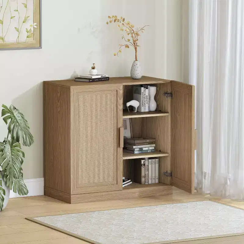 31x31x16 Rattan Wood Accent Cabinet with Adjustable Shelf Storage Cabinet Natural